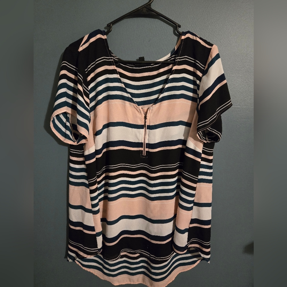 Striped Women's Top - Dusty Pink, Teal, and White. Torrid Size 0.